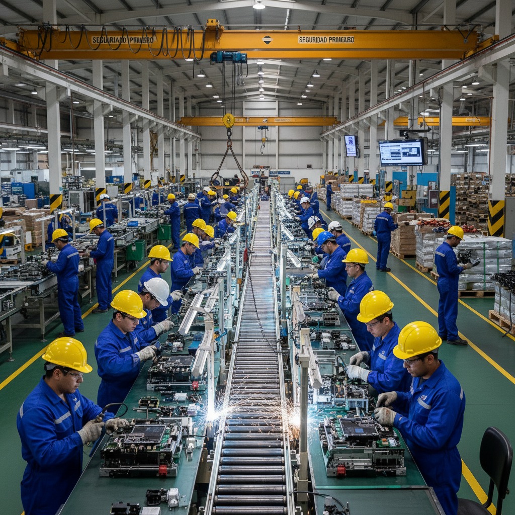 Numerosos trabajadores con overoles azules y cascos amarillos ensamblan componentes electrónicos a lo largo de las mesas de una fábrica iluminada.