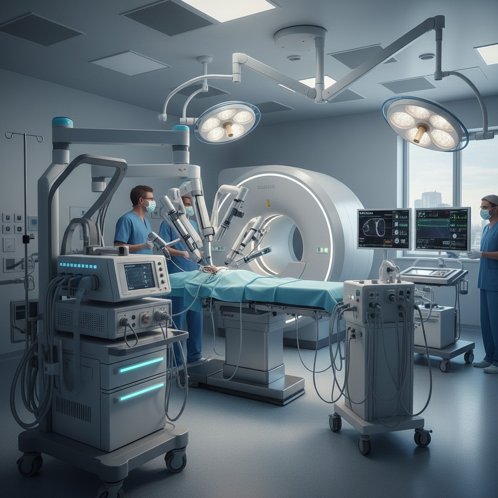Un quirófano moderno equipado con un sistema de cirugía robótica, escáneres médicos avanzados y pantallas de monitoreo.